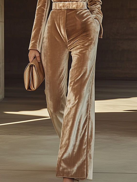 Expédition en 24 heures : Élégant Jumpsuit Long en Velours Champagne avec Col Revers Chic