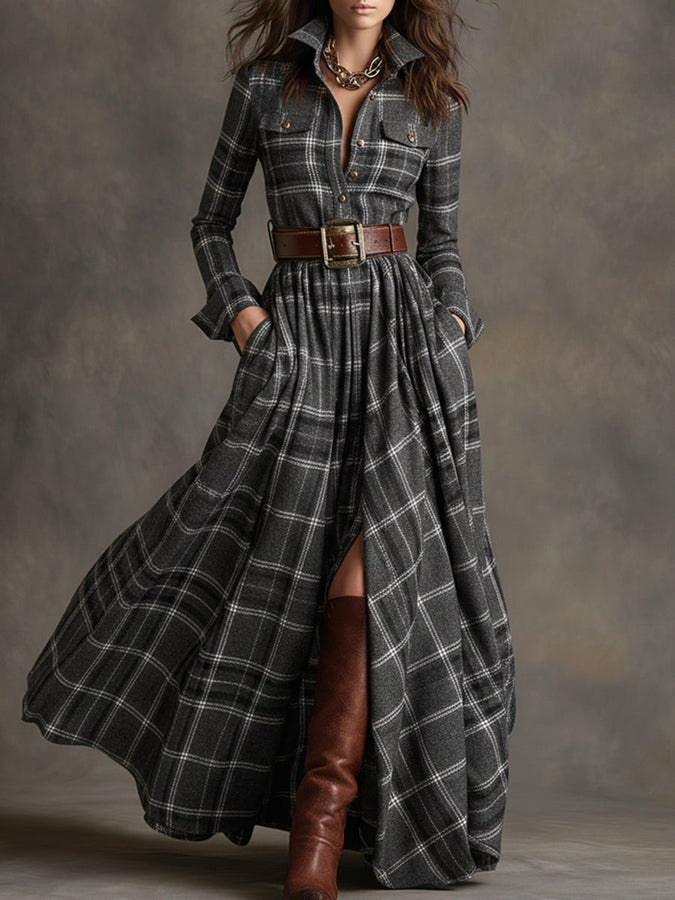 Robe Maxi Rétro à Carreaux Marron Rouge avec Col Ethnique