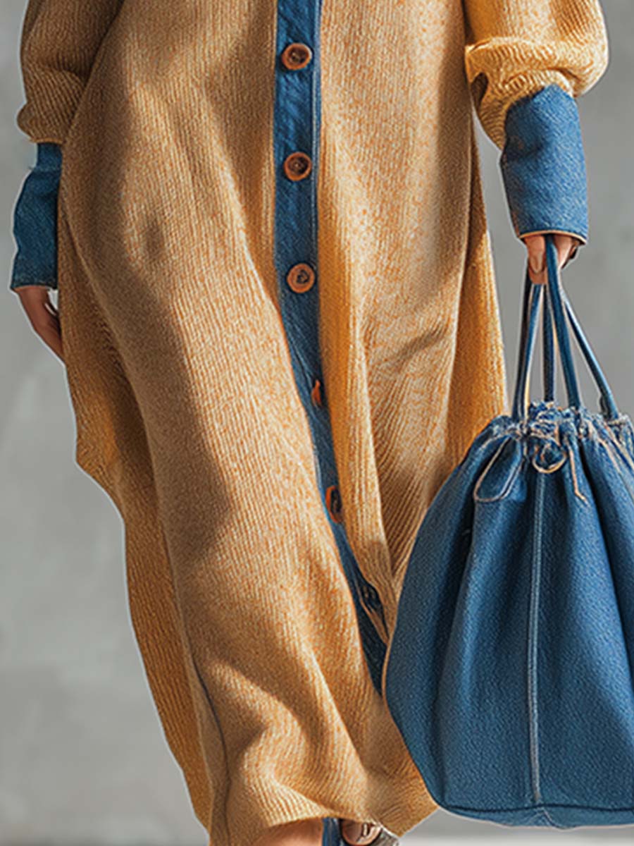 Cardigan Maxi Tricoté avec Bordures en Denim - Teinte Gingembre