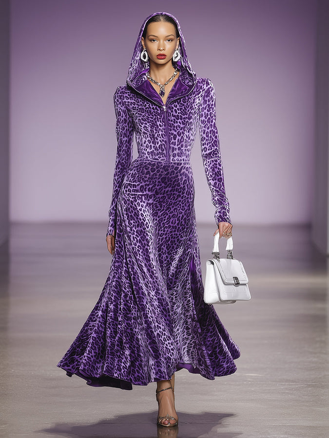 Robe Maxi en Velours Violet à Imprimé Léopard avec Capuche