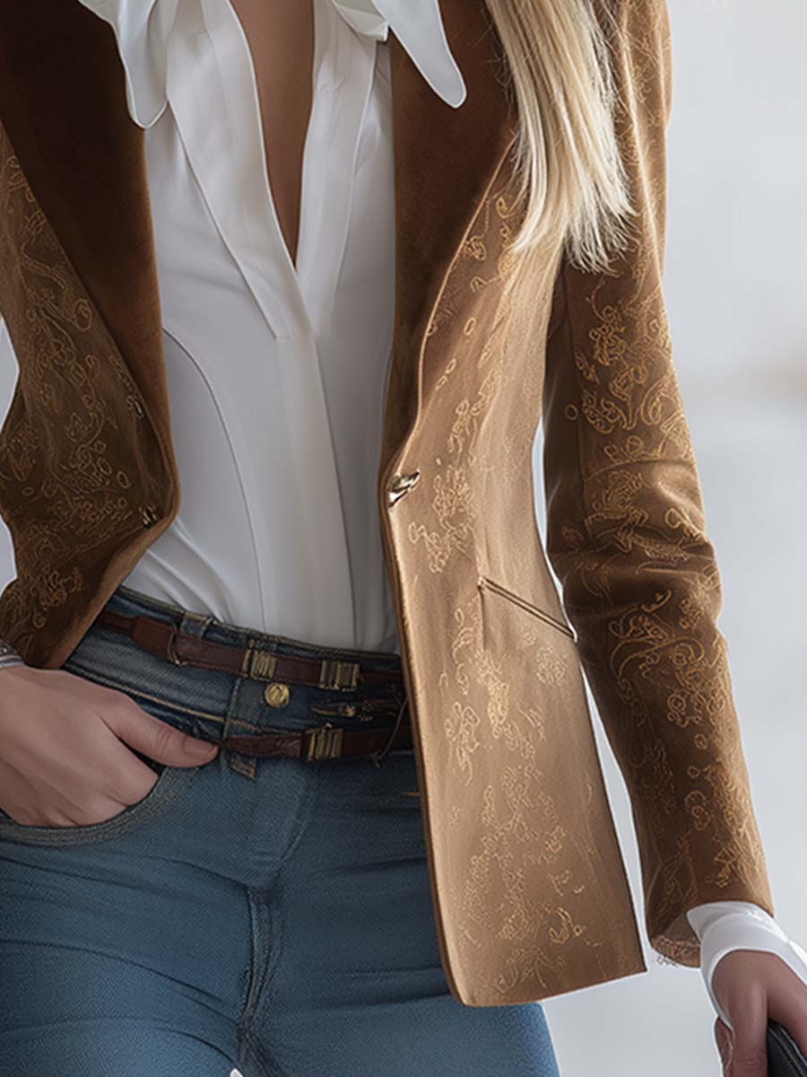 Blazer Vintage Classique en Faux Suède Marron à Motifs Western