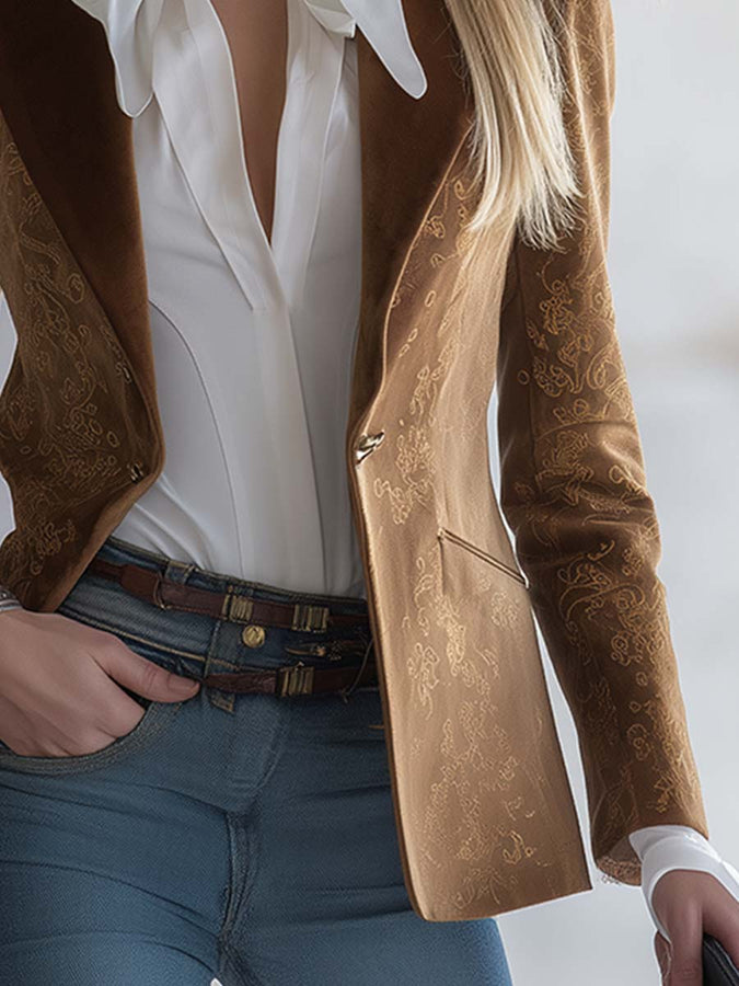 Blazer Vintage Classique en Faux Suède Marron à Motifs Western