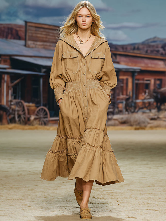 Robe Midi Kaki à Manches Longues avec Volants au Style Rétro