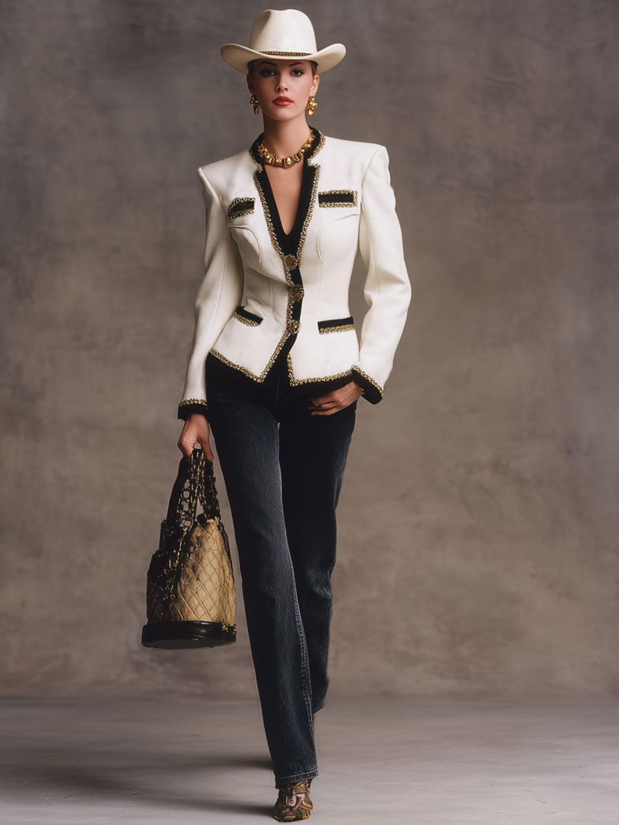 Veste Élégante en Laine à Col V avec Détails Contrastés