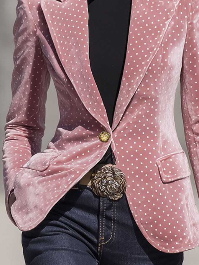 Élégant Blazer en Velours à Pois Blancs Rétro avec Un Bouton
