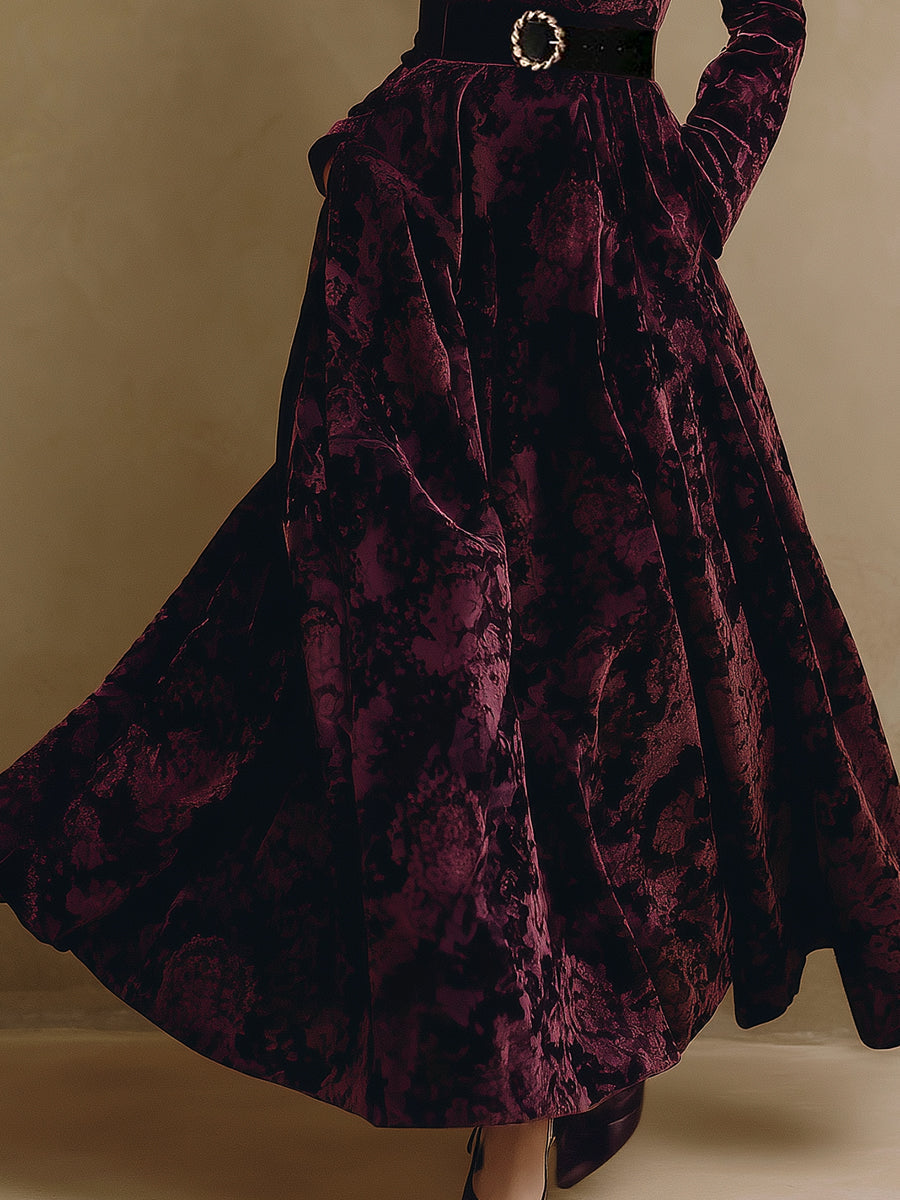 Luxurious Bordeaux Jacquard Velvet Maxi Dress