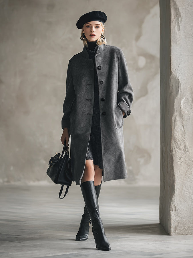 Élégant Manteau en Laine Gris Foncé avec Col Montant et Boutonnage