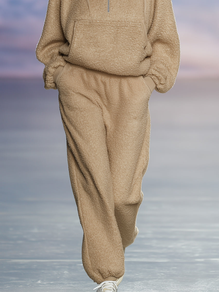 Ensemble Confortable en Fausse Fourrure Beige avec Sweat à Capuche et Pantalon Décontracté