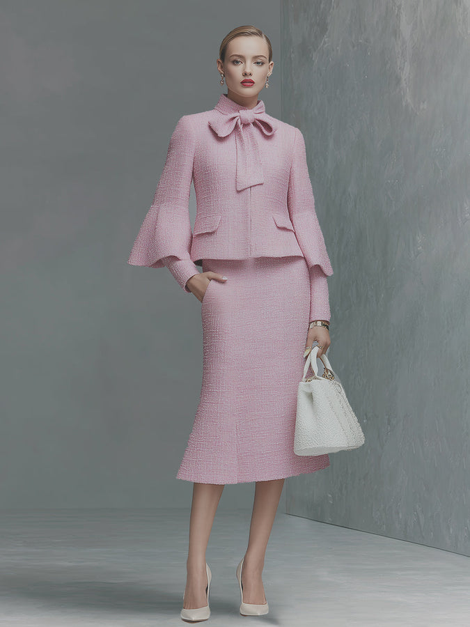 Ensemble Chic en Tweed : Veste à Manches Trompette et Jupe Élégante avec Nœud