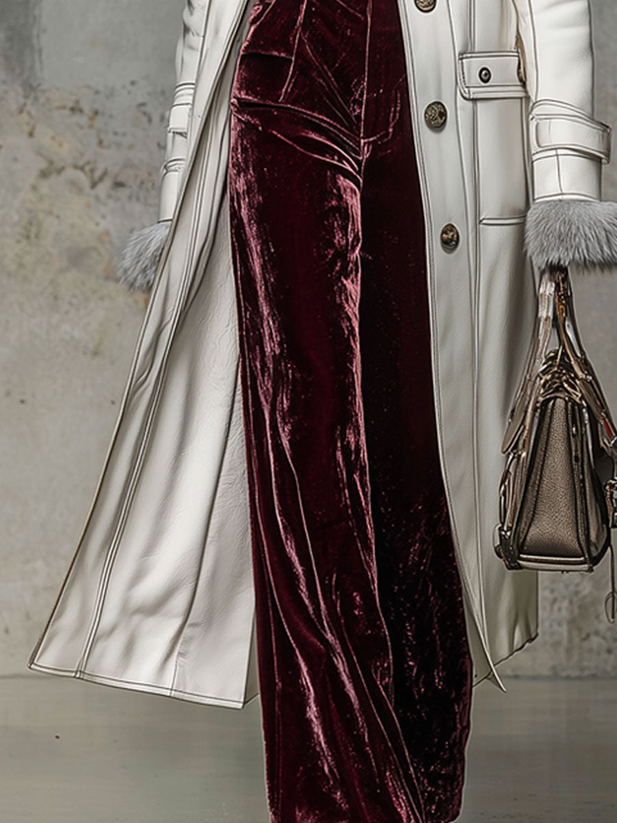 Veste Longue en Simili Cuir Blanc avec Col en Fourrure Synthétique au Style Rétro