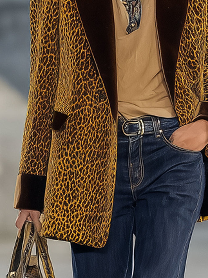 Veste en Velours Doré à Imprimé Léopard Vintage Chic