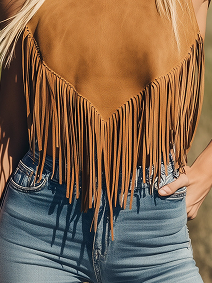 Veste sans manches en daim caramel vintage avec franges - Expédition rapide sous 24 heures !