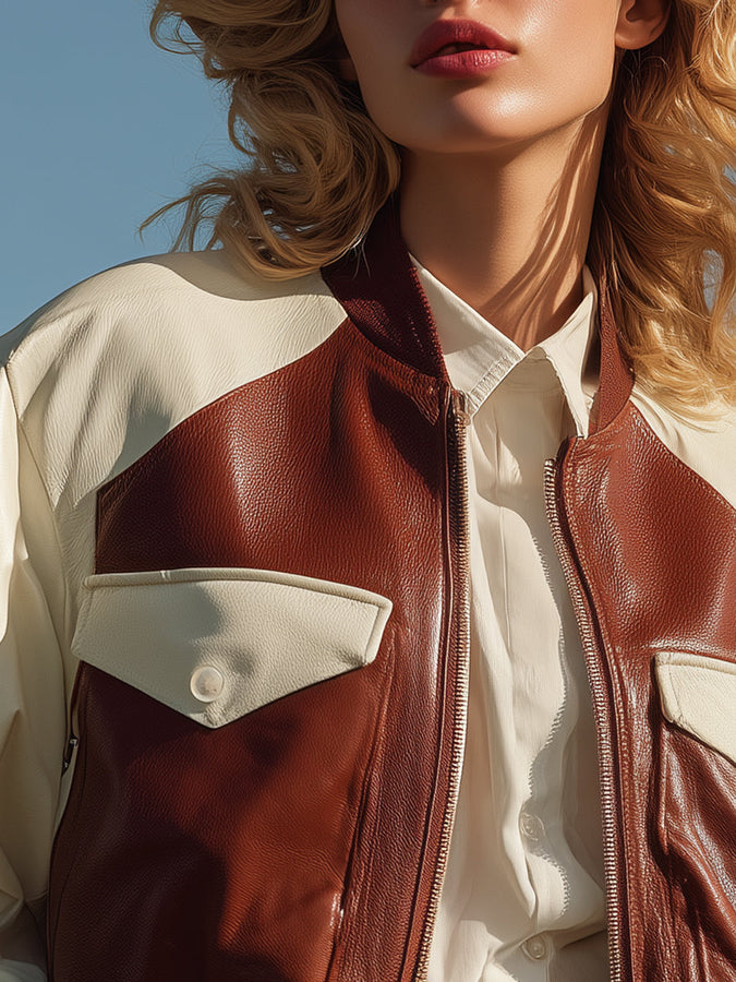Veste aviateur cropped en simili cuir à motifs color-block chic