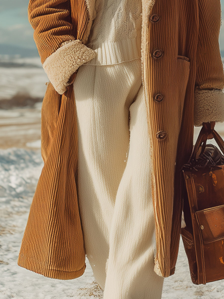 Veste en velours côtelé camel rétro avec doublure en polaire