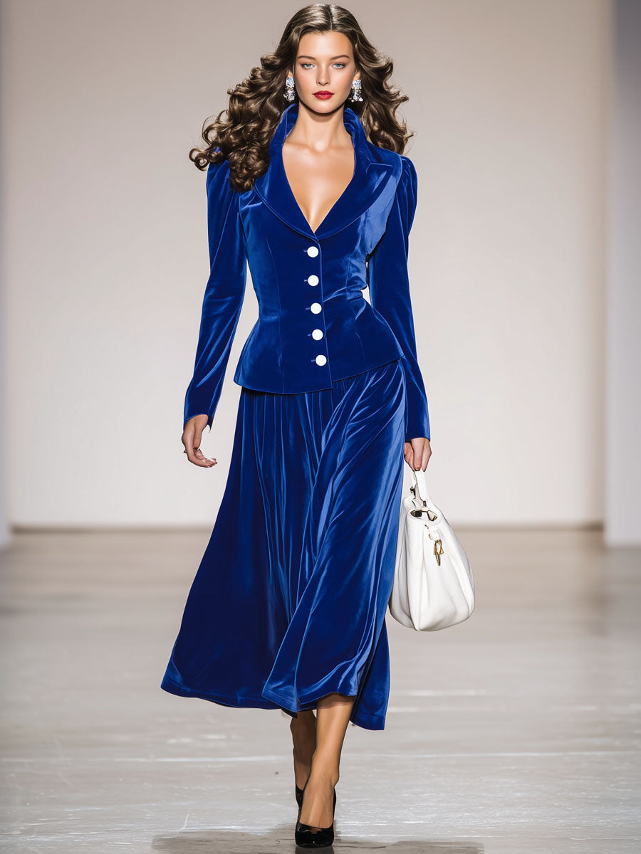 Élégant Costume en Velours Bleu Royal avec Revers et Jupe