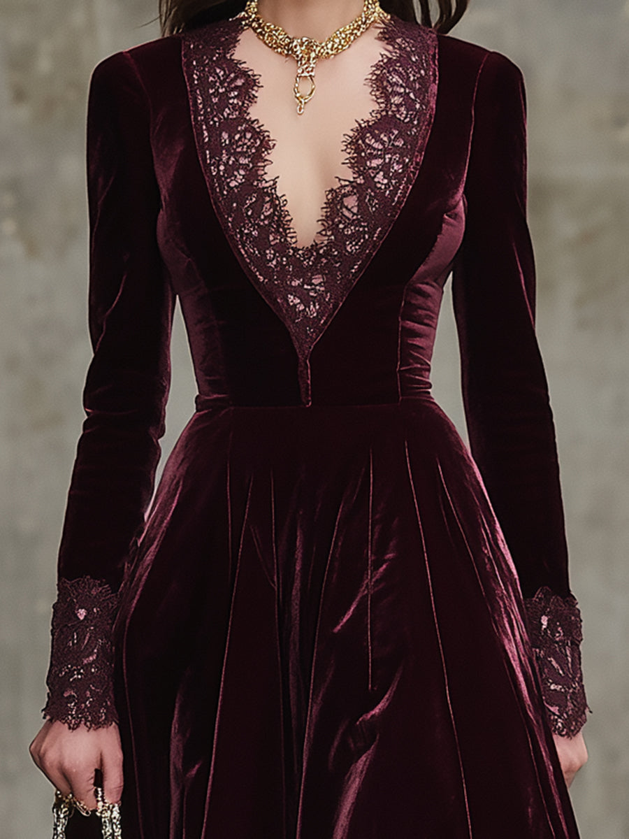 Robe Midi en Velours Rouge Angora à Manches et Col Dentelé
