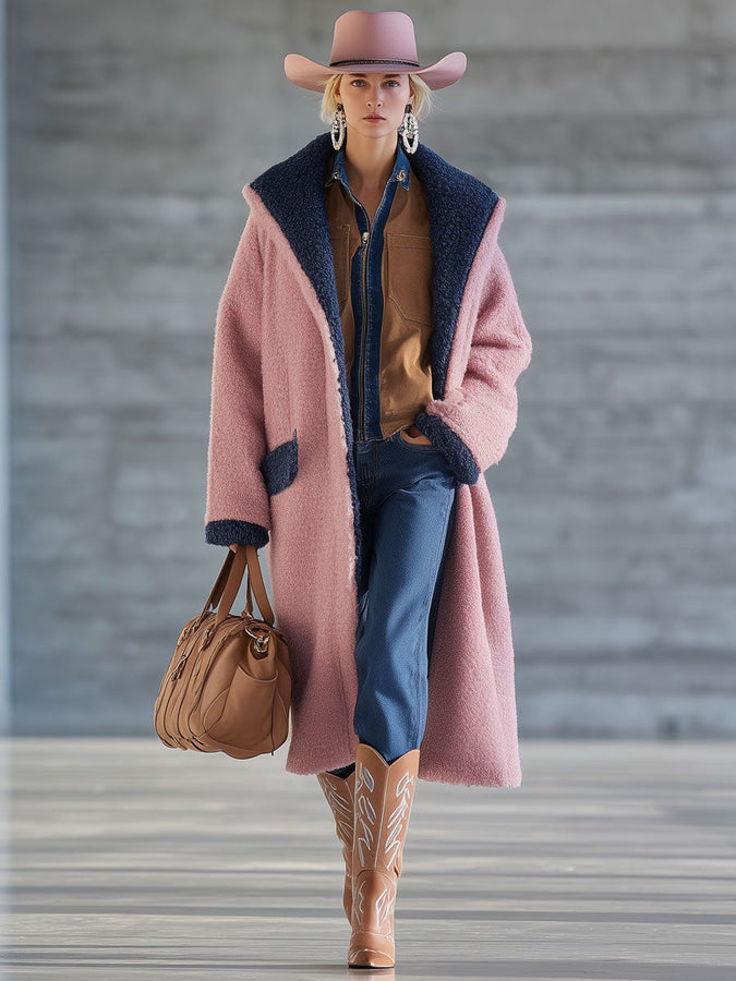 Veste Longue en Polaire Bleu Marine et Rose - Style Nomade Urbain Rétro