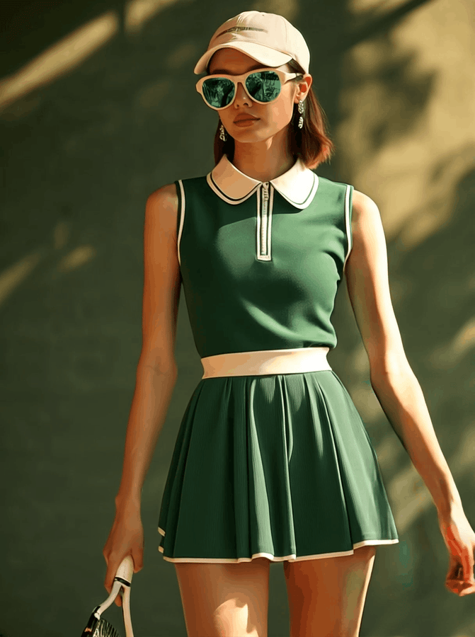Robe Mini Sans Manches Verte à Col Polo avec Détails Blancs - Expédition Rapide en 24 Heures