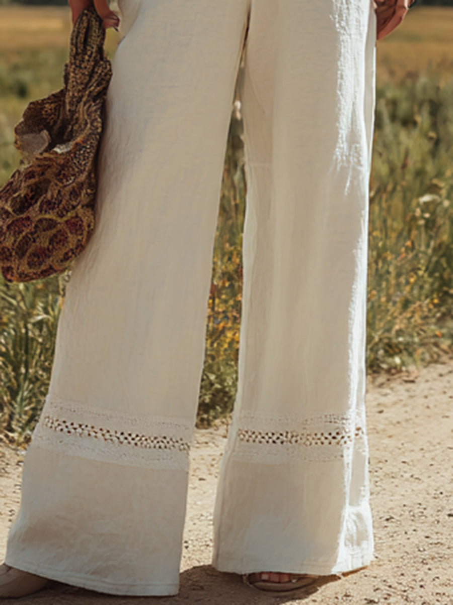 Salopette sans manches en lin blanc pour femmes avec délicat design en dentelle - Expédition rapide sous 24 heures