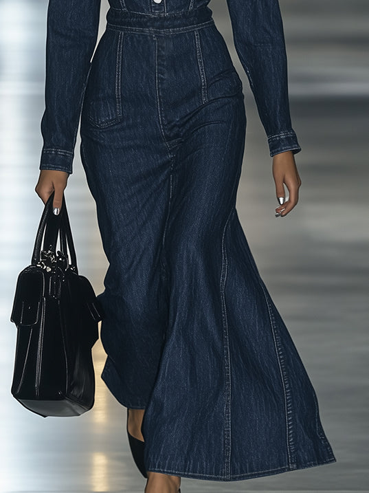 Robe Maxi Vintage en Denim à Lacets - Manches Longues, Style Slim Décontracté - Expédition Rapide sous 24 Heures