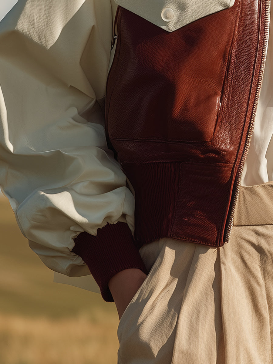 Veste aviateur cropped en simili cuir à motifs color-block chic