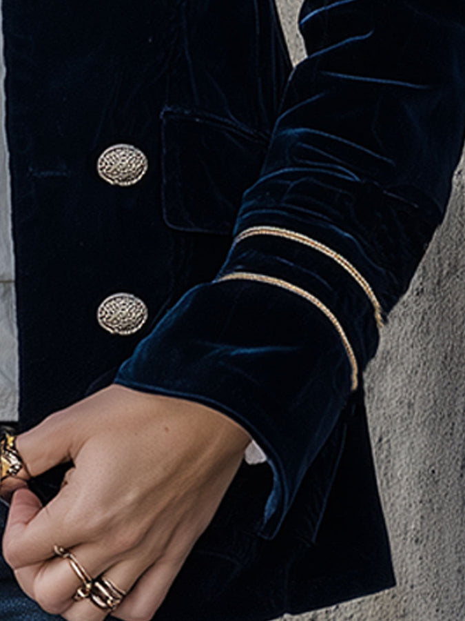 Veste Retro en Velours Bleu Foncé à Double Boutonnage