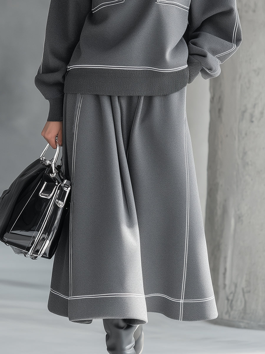 Premium Gray Turtleneck Sweatshirt with White Stitching - Sporty Chic Ensemble