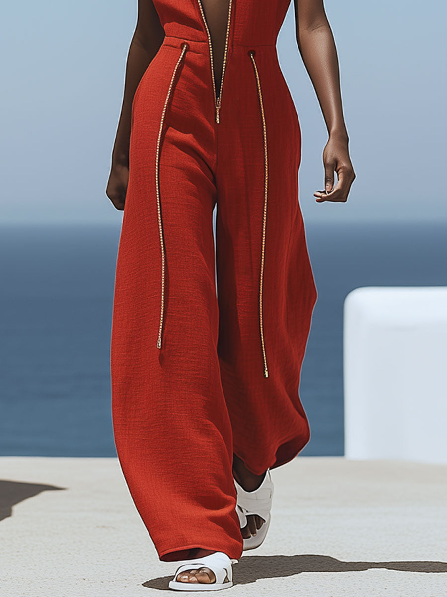 Combinaison Décontractée Rétro en Coton et Lin Rouge - Sans Manches, Fermeture Éclair, Taille Élastique et Jambes Larges - Expédition Rapide en 24 Heures!
