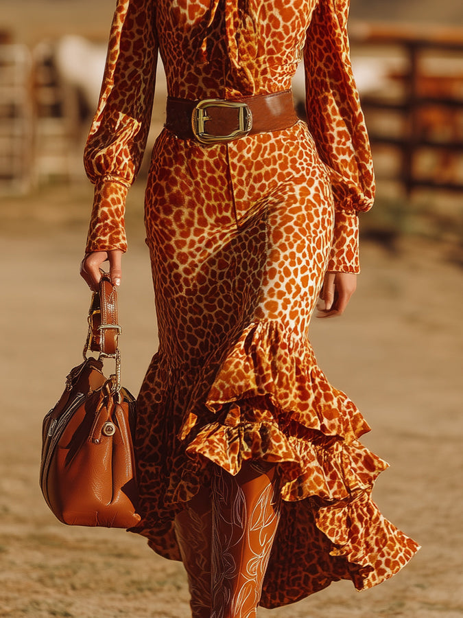 Robe Maxi Velours Léopard Orange avec Volants - Élégance Rétro