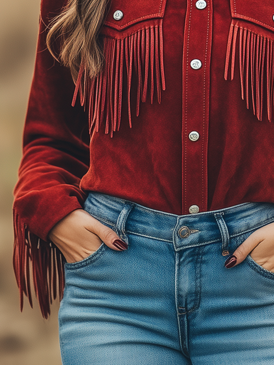 Chemise Cowboy Rouge en Daim à Manches Longues avec Revers et Franges - Expédition Rapide en 24 Heures