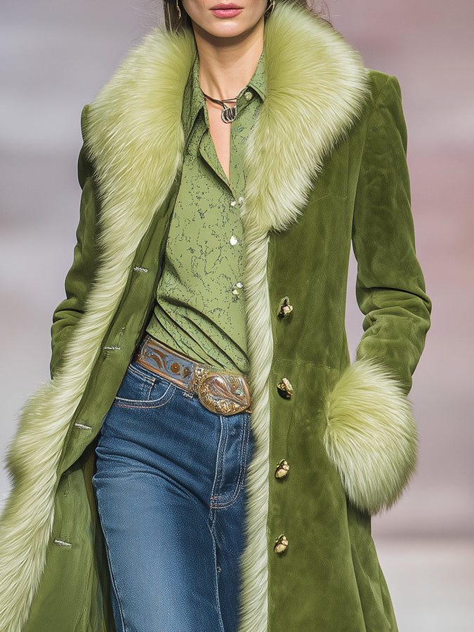 Veste Longue en Velours Vert avec Détails en Fausse Fourrure Vintage