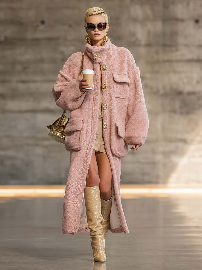 Exquis Manteau en Polaire Rose à Col Haut et Boutons Vintage