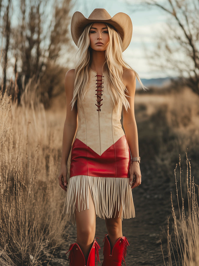 【Expédition Rapide en 24h】Robe Mini Élégante Sans Manches au Style Western Rétro avec Franges Contrastées