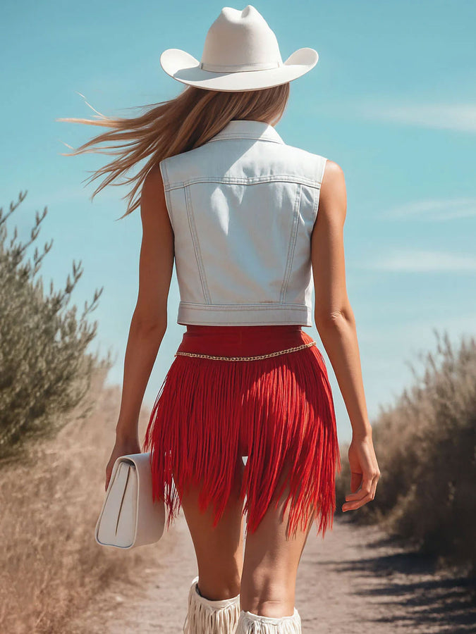 Shorts Frangés en Coton Rouge Vintage - Expédition Rapide en 24 Heures