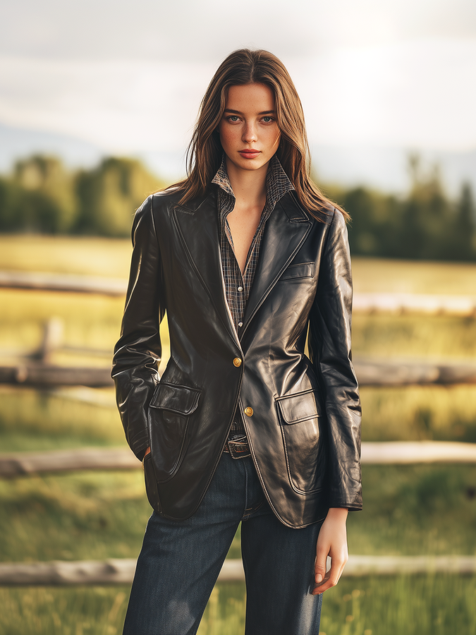 Élégant Blazer Western Rétro en Faux Cuir avec Multiples Poches