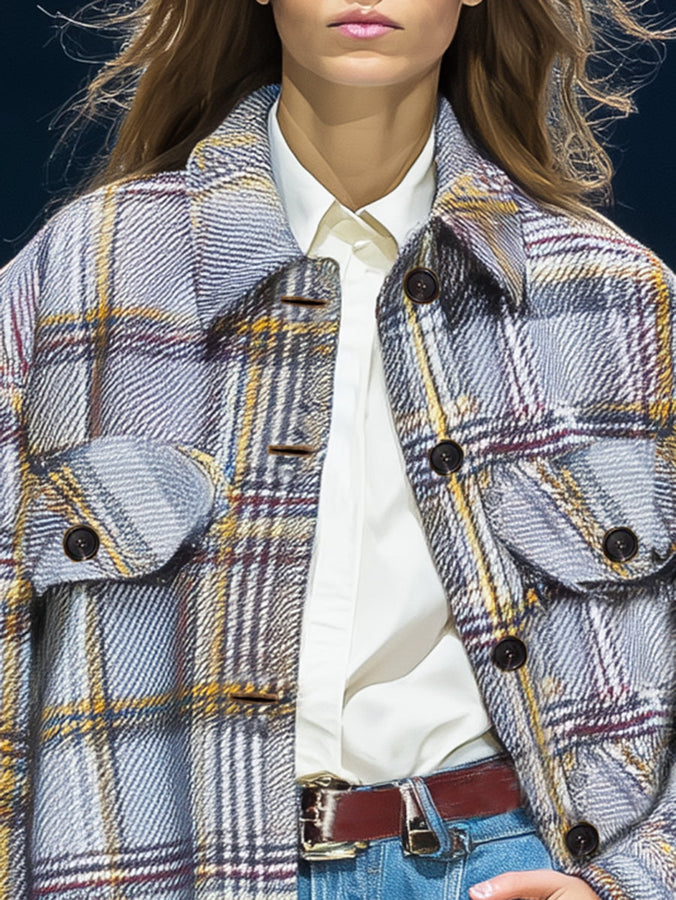 Chic Blazer Décontracté à Carreaux Gris et Jaune