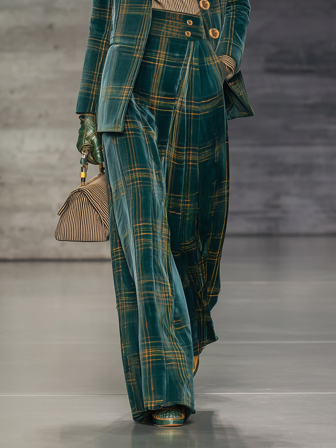 Veste en Velours à Motif Carreaux Verts Rétro avec Pantalon Large Taille Haute