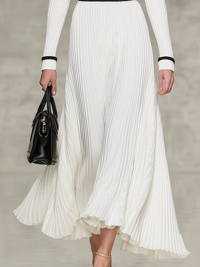 Chic Robe Maxi Noire en Tricot avec Jupe Évasée