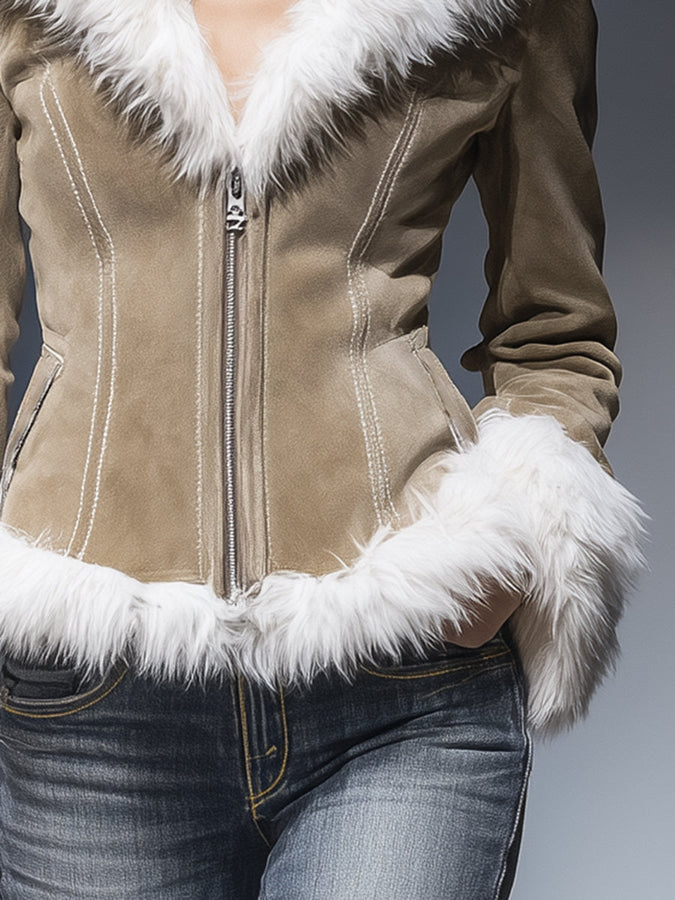 Veste Zippée Kaki en Suédine avec Détails en Peluche Vintage