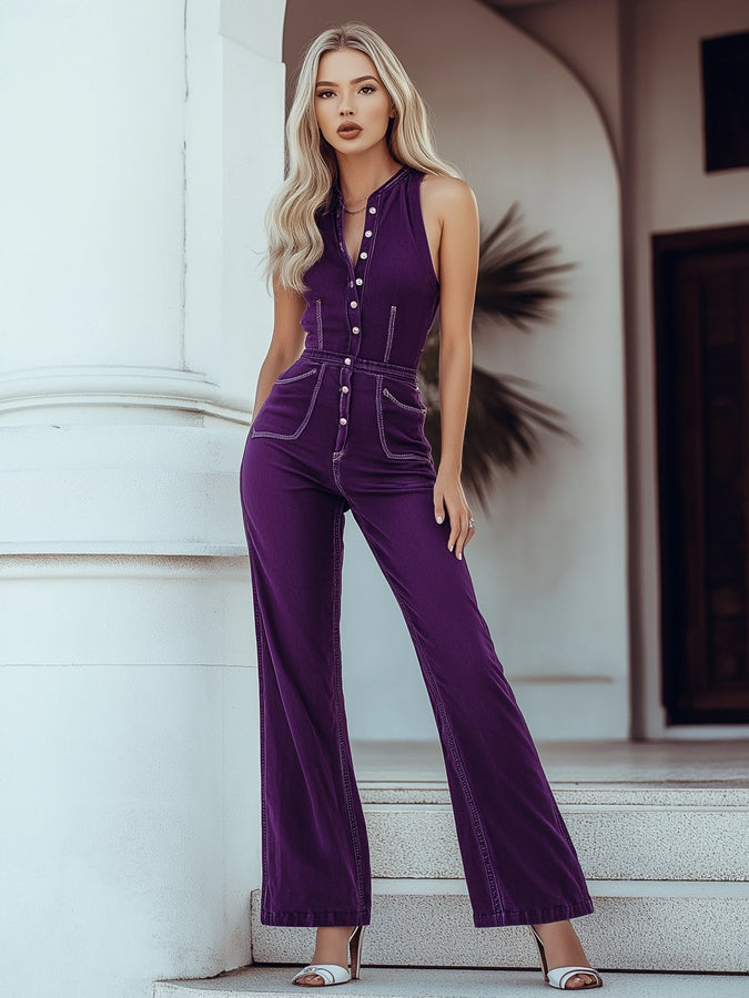 Expédition Rapide : Combinaison Sans Manches en Denim Violet Vintage à Jambes Larges