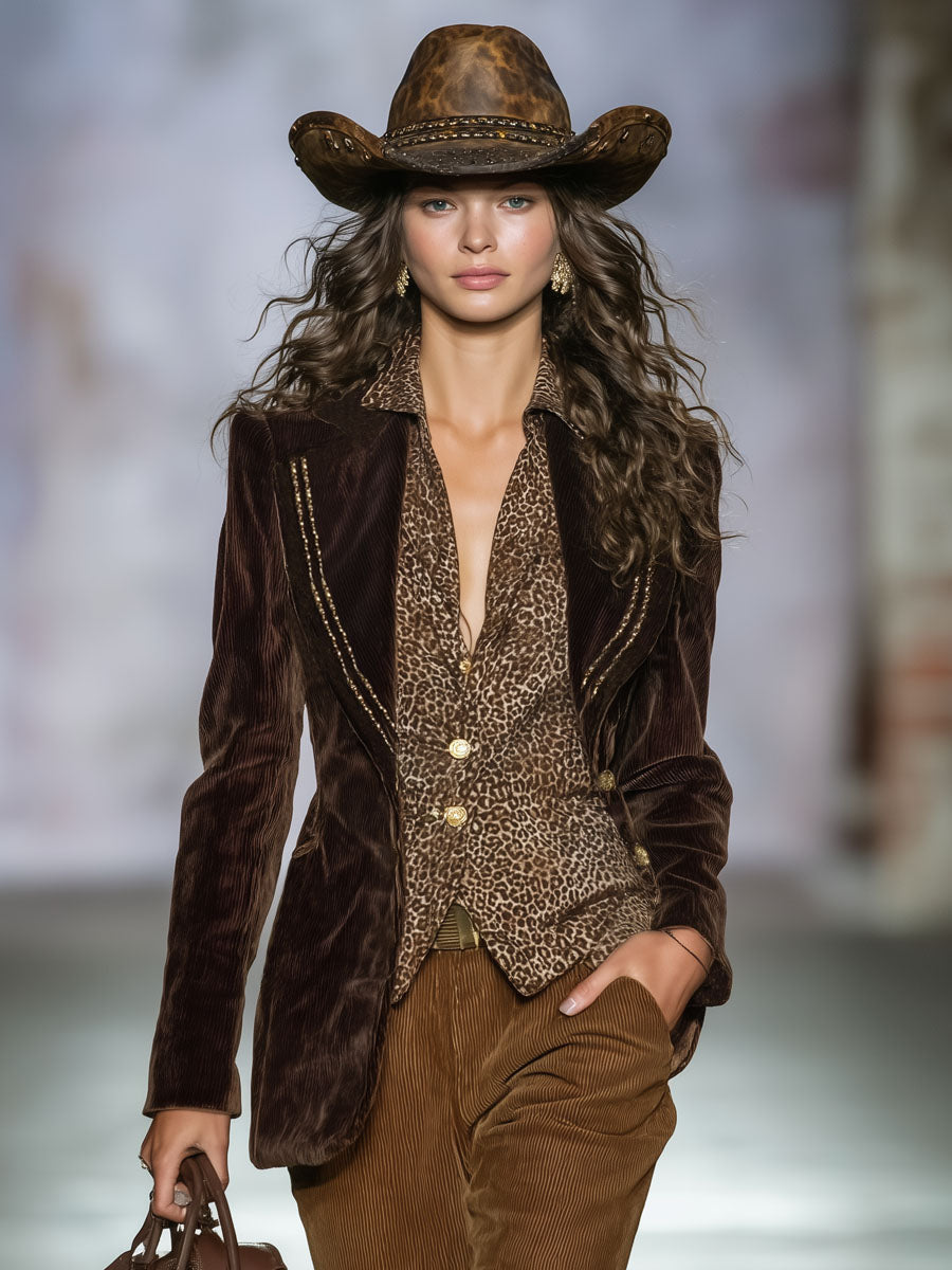 Veste Vintage en Velours Côtelé avec Détails en Ruban Doré et Boutonnage Simple