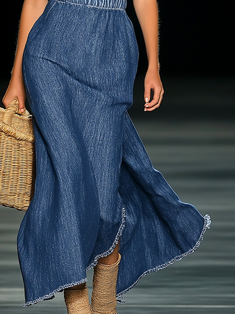 Robe Maxi en Jean Élégante sans Épaules avec Fleurs 3D - Expédition Rapide en 24 Heures!