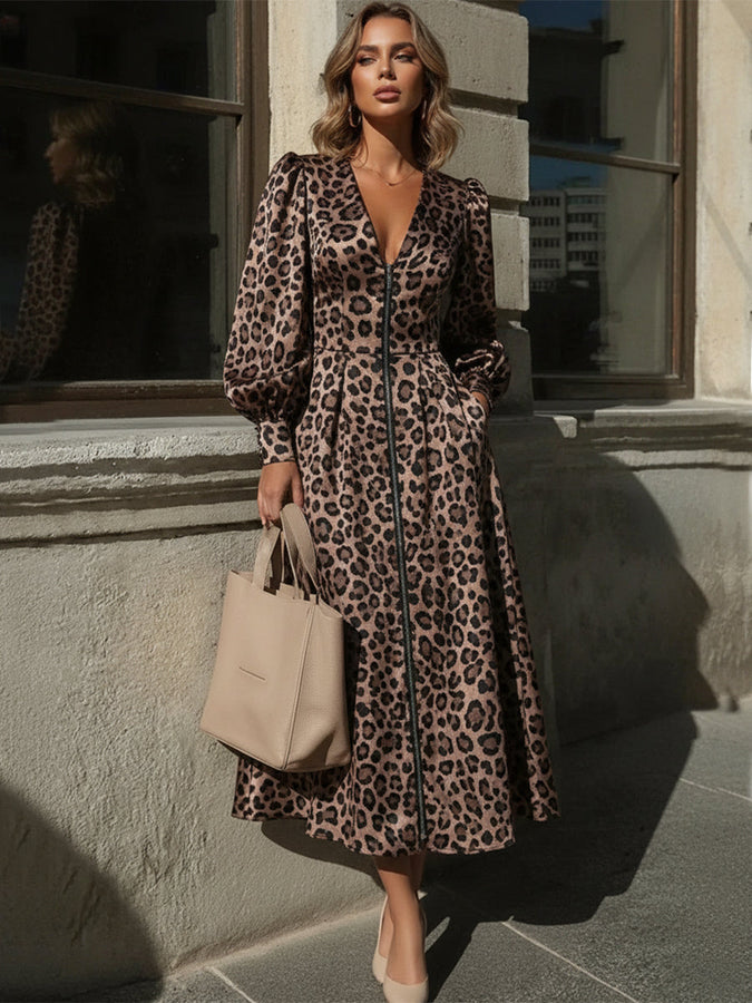 Robe Maxi Vintage à Imprimé Léopard avec Zip