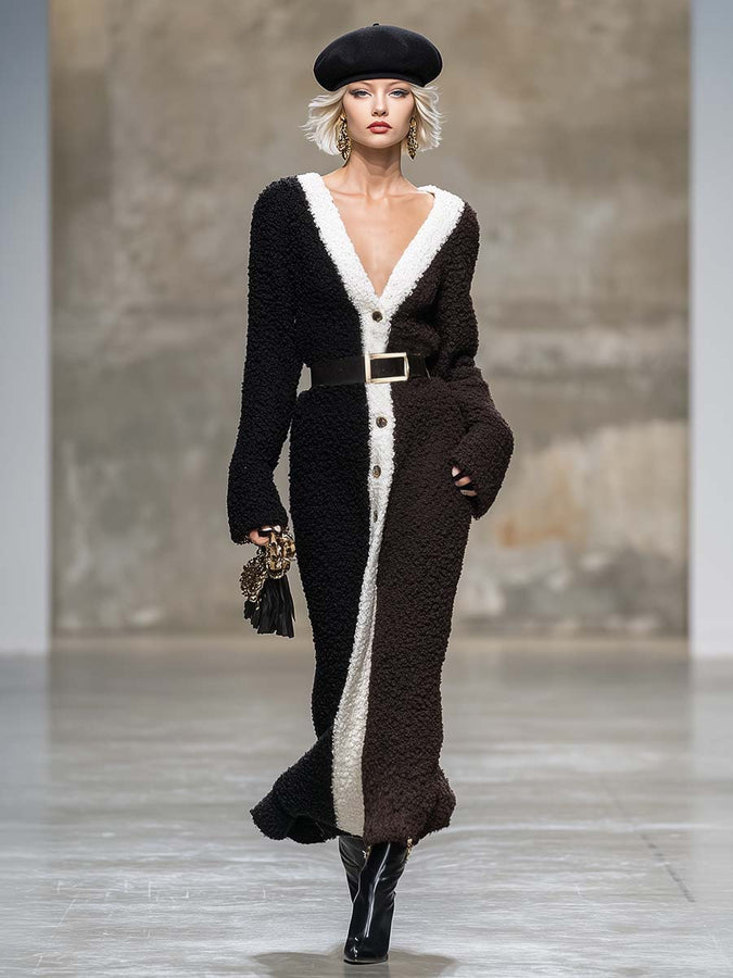 Robe Maxi en Polaire Brun Foncé avec Col V et Fermeture Contrastée - Élégance Rétro