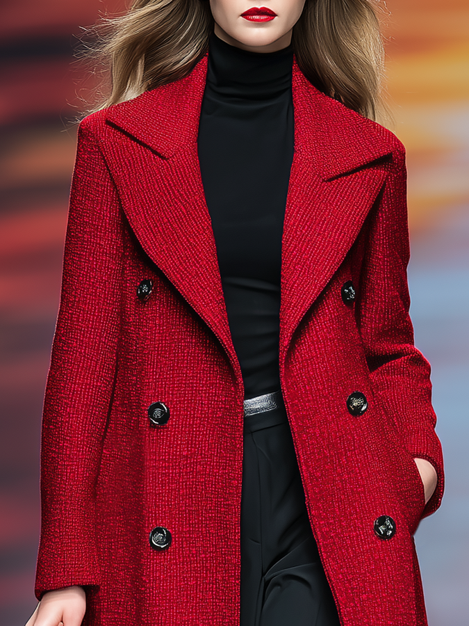 Élégant Manteau Long en Tweed Vintage à Double Bouton