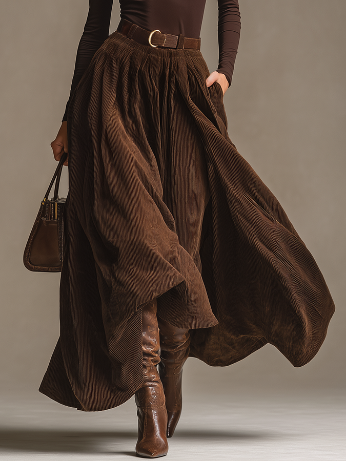 Ensemble Chic : T-shirt Col Roulé Vintage et Jupe en Velours Côtelé
