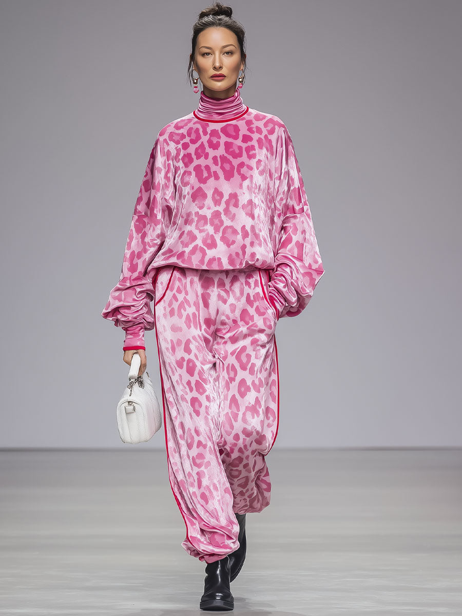 Ensemble Chic : T-shirt en Velours à Col Roulé Imprimé Léopard Rose et Pantalon Coordonné