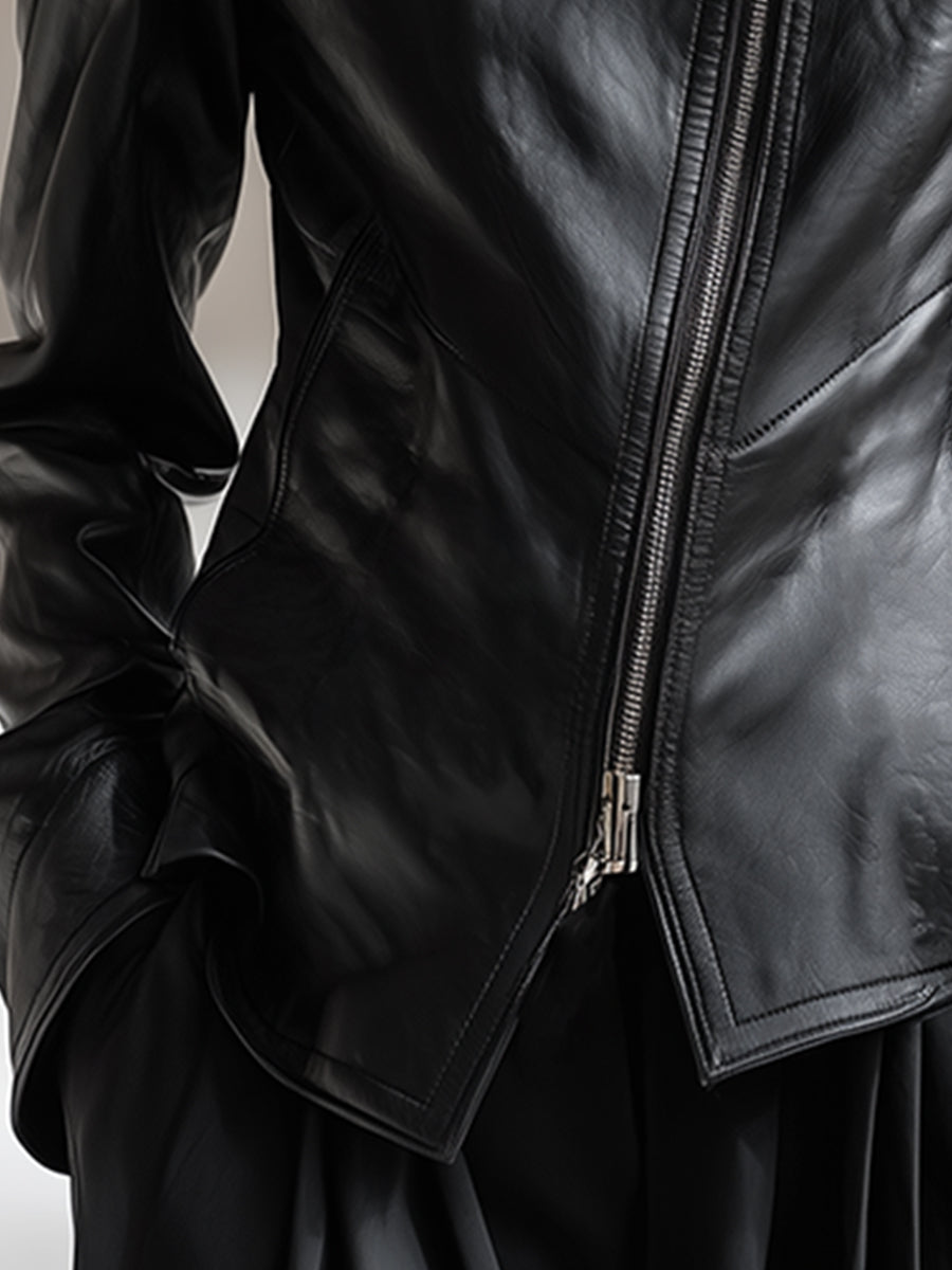 Veste Noir en PU avec Col Montant et Fermeture Éclair Asymétrique