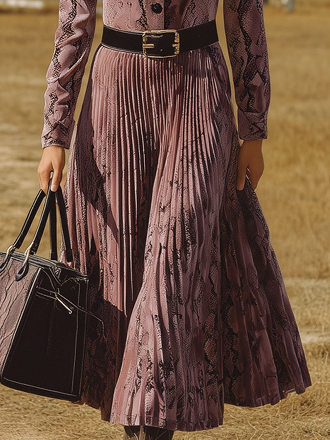 Robe Midi Plissée en Velours Violet à Motif Serpent - Style Rétro Nomade Western