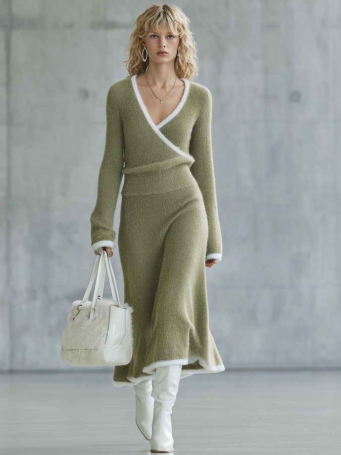 Ensemble Rétro : Jupe et Pull Tricoté en Laine Vert Clair